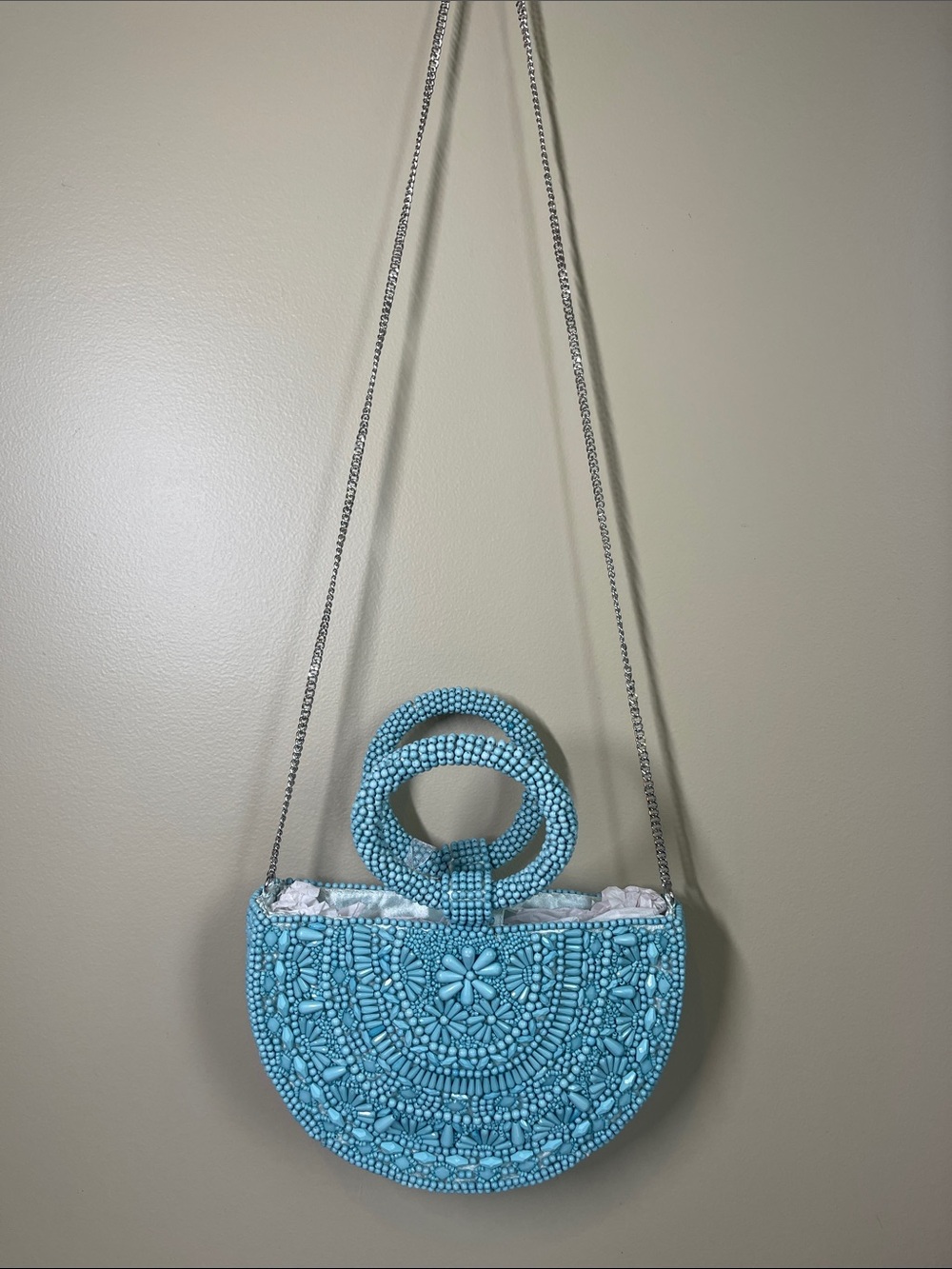 Handcrafted Turquoise Beaded Half-Moon Mini Bag - Picture 6 of 10